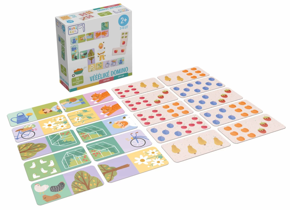 Joc educational pentru copii, Domino piese mari gigant, KuKiKuk Efko,28 piese printate pe ambele fete cu fructe si obiecte gradinarit, carton gros, animatii colorate haioase, varsta 2-6 ani [5]