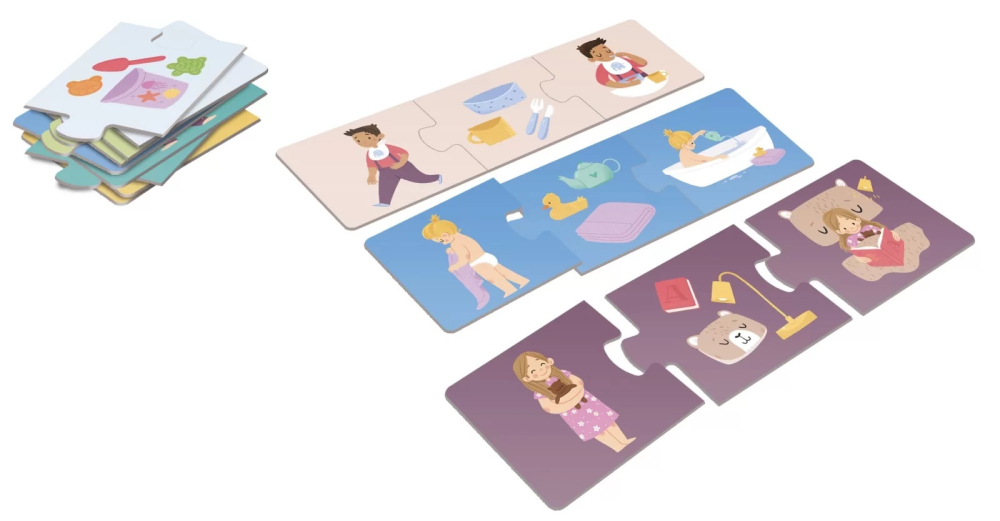 Joc educational pentru copii, Puzzle Trio cu Rutine zilnice, KuKiKuk Efko, 8 perechi, 24 piese mari, carton gros, animatii colorate haioase, varsta 2-5 ani [5]