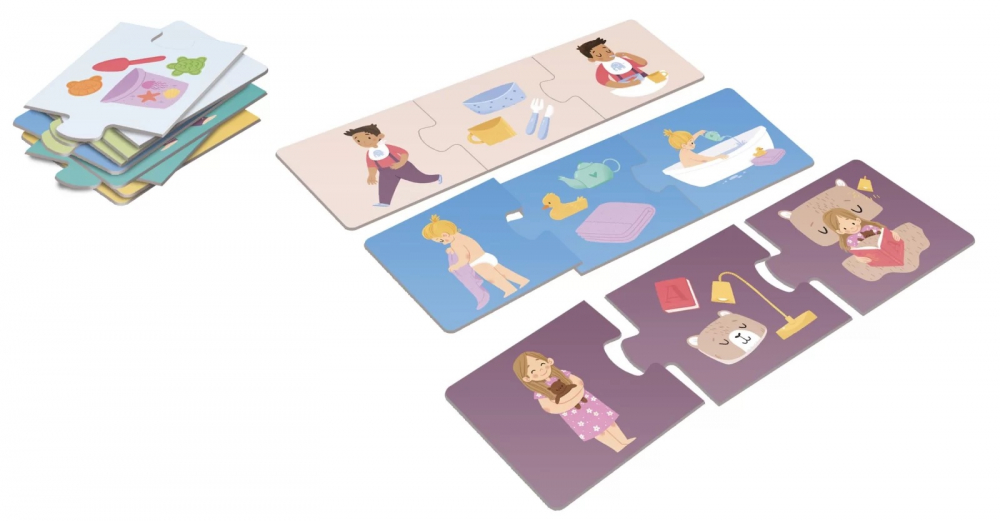 Joc educational pentru copii, Puzzle Trio cu Rutine zilnice, KuKiKuk Efko, 8 perechi, 24 piese mari, carton gros, animatii colorate haioase, varsta 2-5 ani [2]