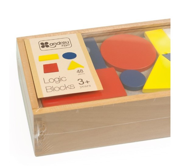 Joc educativ pentru copii si copii nevoi speciale didactic, Andreu Toys, Invatam forme geometrice si culori primare, din lemn, 48 piese, varsta +3 ani [2]