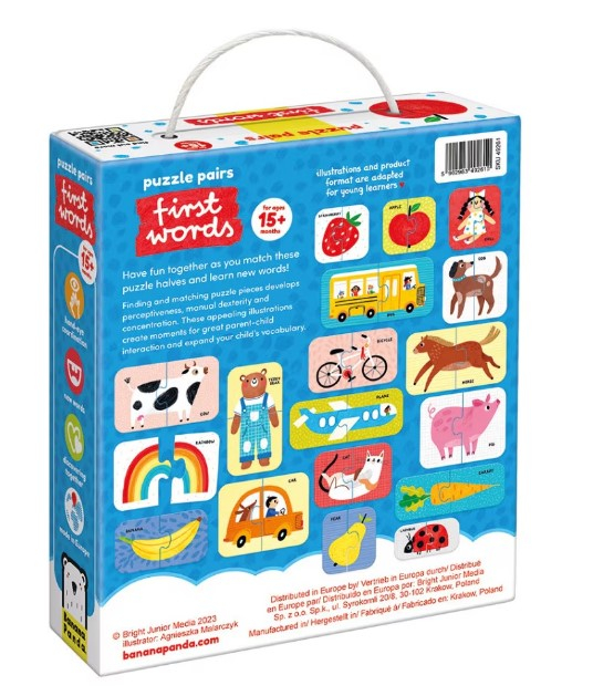 Joc tip puzzle pentru copii si bebelusi, Banana Panda, Puzzle Pairs First Words, 36 piese, 18 imagini cu fructe, animale, vehicule formate din 2 piese [1]