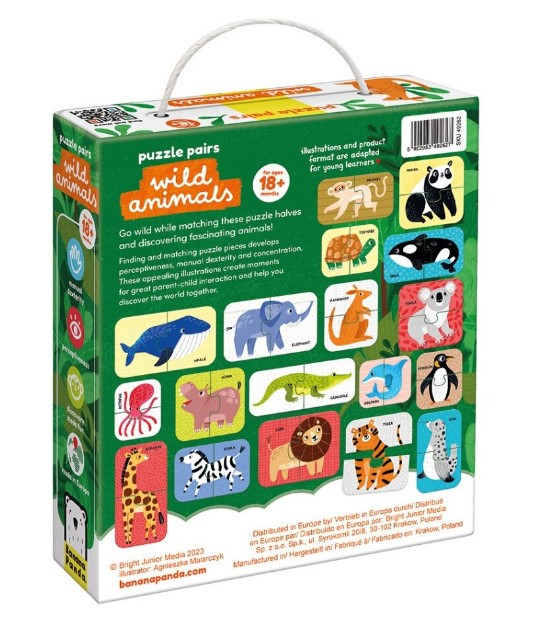 Joc tip puzzle pentru copii si bebelusi, Banana Panda, Puzzle Pairs Wild Animals, 36 piese, 18 imagini cu animale salbatice formate din 2 piese [1]