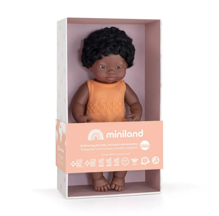 Miniland-Papusa 38 cm, fetita africana, imbracata in salopeta tricotata [2]