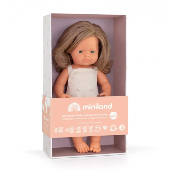 Miniland-Papusa 38 cm, fetita europeana cu par blond inchis, imbracata in salopeta tricotata [2]