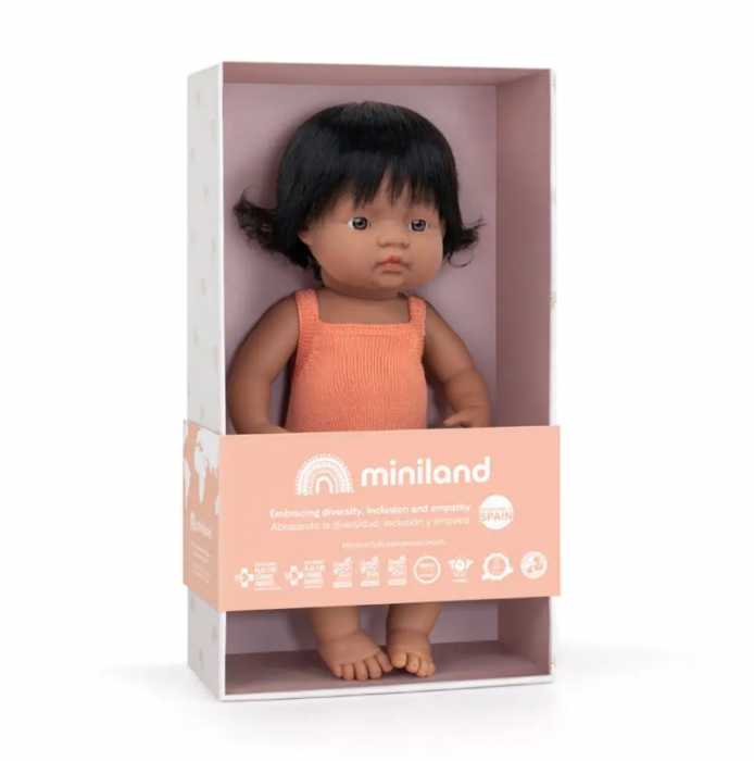 Miniland-Papusa 38 cm, fetita latino, imbracata in salopeta tricotata [2]