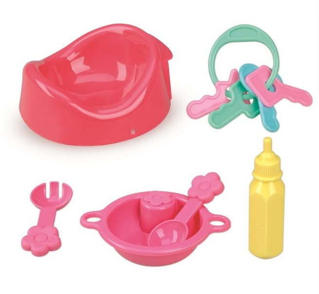 Papusa-bebe-30-cm,-cu-salopeta-haioasa-inflorata-si-caciulita,-cu-accesorii-mancare,-jucarie-zornaitoare-si-olita-RS-Toys [2]