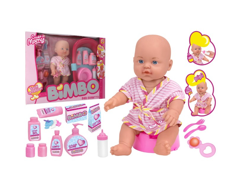 Papusa bebelus 30 cm, Globo Bimbo, cu halat baie, cadita si accesorii pentru spalat, accesorii hranire, biberon si olita incluse, jucarii zornaitoare si suzeta [1]