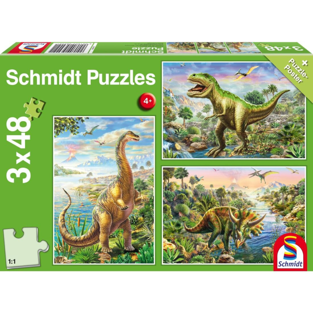 Puzzle Schmidt: Aventurile dinozaurilor, Set de 3 x 48 piese + Cadou: poster [1]