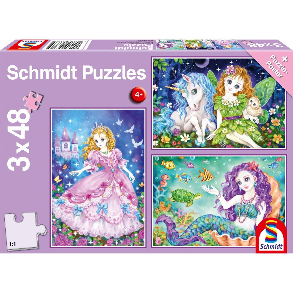 Schmidt-Puzzle Schmidt: Printesa, zana si sirena, Set de 3 x 48 piese + Cadou: poster [1]