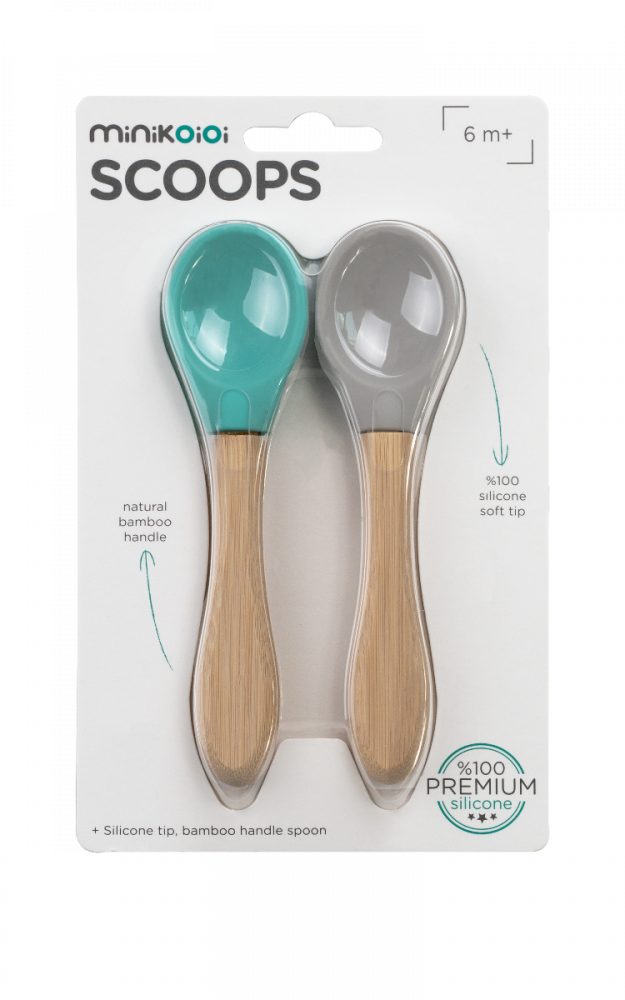 Set 2 Lingurite Minikoioi, Varf din Silicon si Maner din Bambus – Aqua Green/Powder Grey [2]
