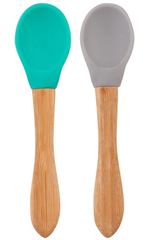 Set 2 Lingurite Minikoioi, Varf din Silicon si Maner din Bambus – Aqua Green/Powder Grey [1]