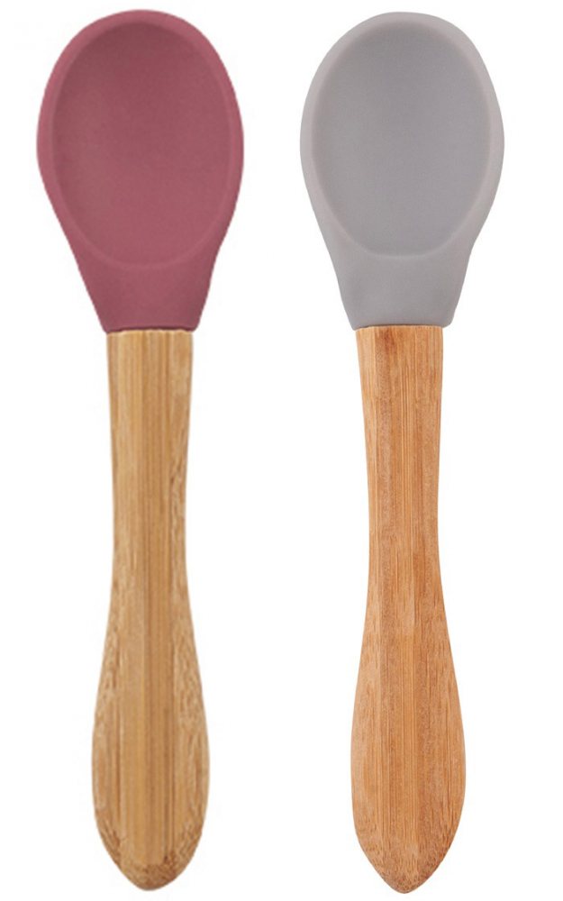 Minikoioi-Set 2 Lingurite Minikoioi, Varf din Silicon si Maner din Bambus – Velvet Rose / Powder Grey [1]