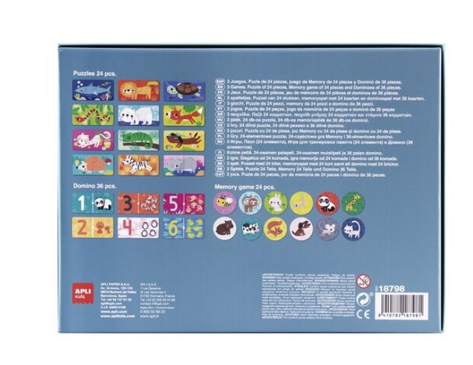 Set 3 jocuri Animale : puzzle, domino, memorie, Apli Kids, Carton, Multicolor [3]