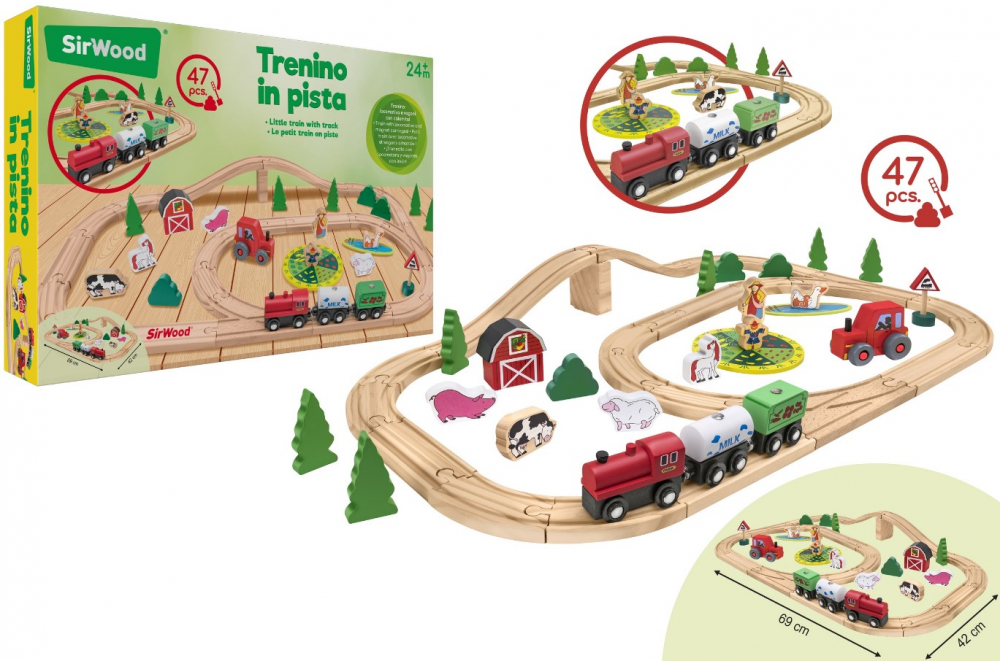 Set de joaca din lemn pentru copii, trenulet pe traseu cu sine, 1 vagon si 2 locomotive prindere magnetica, sine universale [2]
