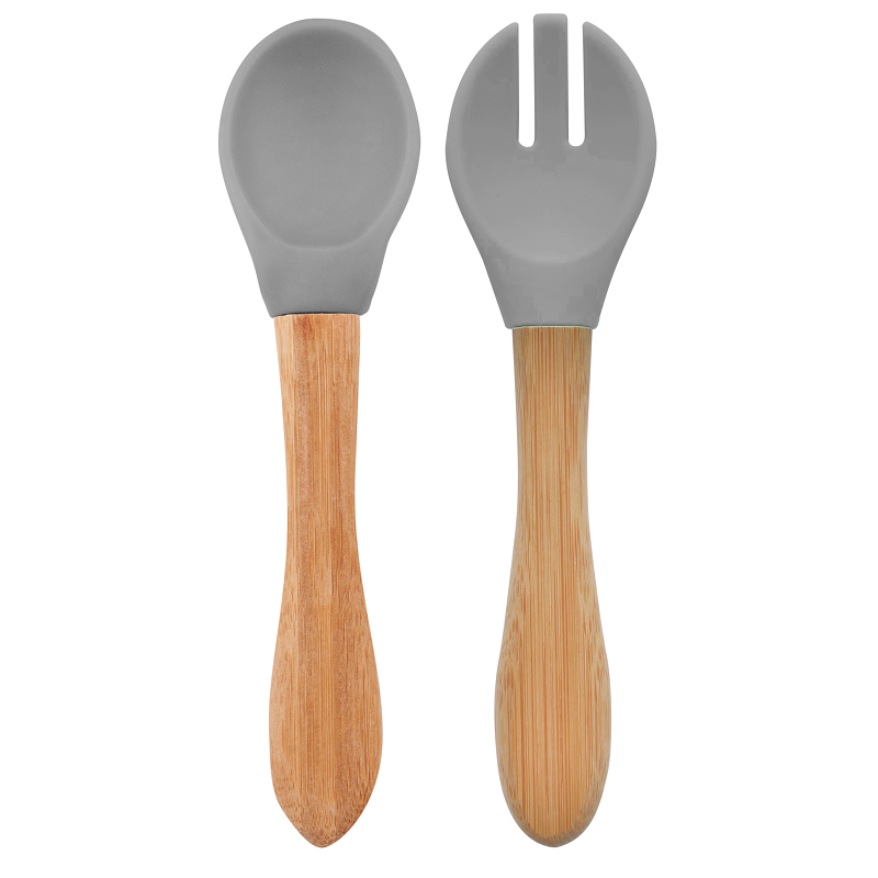 Set Lingurita si Furculita Minikoioi, Varf din Silicon si Maner din Bambus – Powder Grey [1]