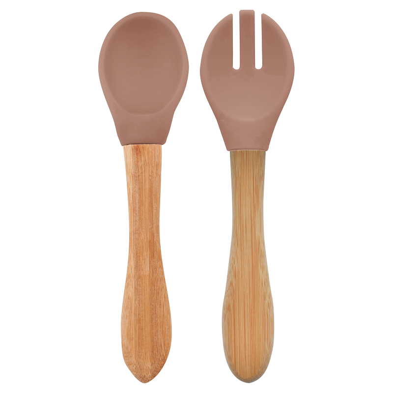 Minikoioi-Set Lingurita si Furculita Minikoioi, Varf din Silicon si Maner din Bambus – Woody Brown [1]
