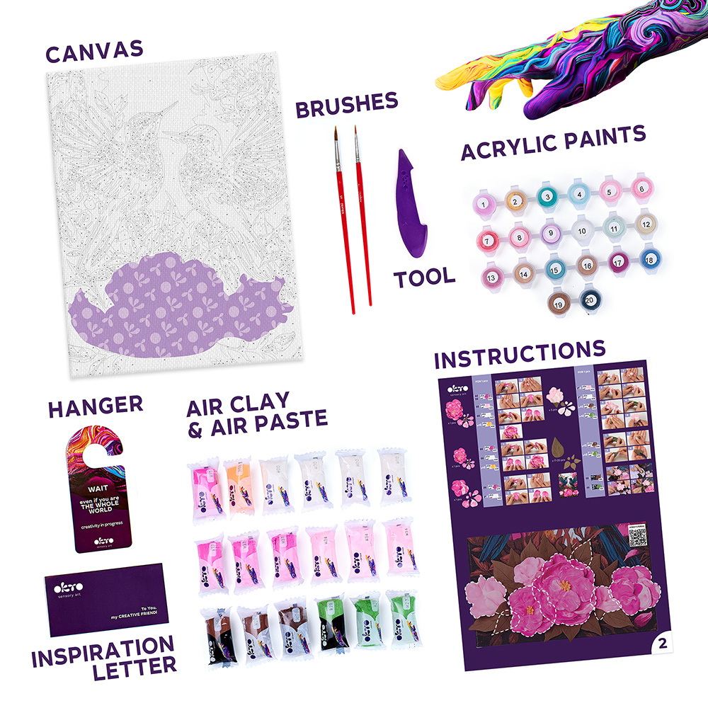 Set pictura si modelare 3D cu argila usoara, 30*40 cm - Hummingbirds in love [3]