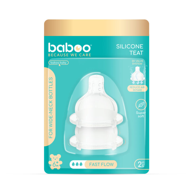 Tetina Din Silicon Premium Cu Tehnologie Anticolici Cu 3 Valve Baboo-Gat Larg, Debit Rapid, 2 bucati, 6 luni+ [1]