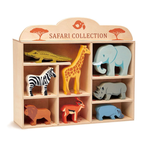 Oktató játékok - Animalute savana pe raft, din lemn premium - Safari Collection - 8 piese - Tender Leaf Toys