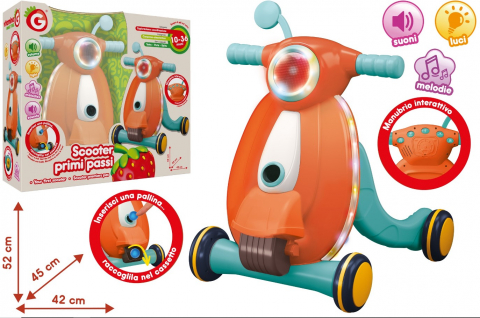 Cadouri botez - Antepremergator-pentru-bebelusi,-Globo-Vitamina-G,-sub-forma-unui-scooter,-insotit-de-sunete,-lumini-si-melodii,-si-aruncator-de-bile,-52-cm-inaltime,-pentru-primii-pasi,-protectie-roti-antialunecare,-+10-luni-Globo