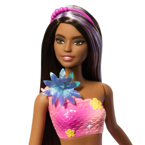 Barbie Papusa Sirena Floarea Magica Cu Par Brunet Si Coada Roz [6]