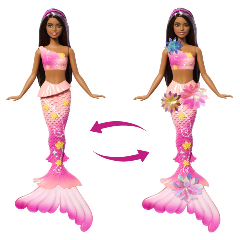 Barbie Papusa Sirena Floarea Magica Cu Par Brunet Si Coada Roz [3]