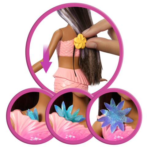 Barbie Papusa Sirena Floarea Magica Cu Par Brunet Si Coada Roz [5]