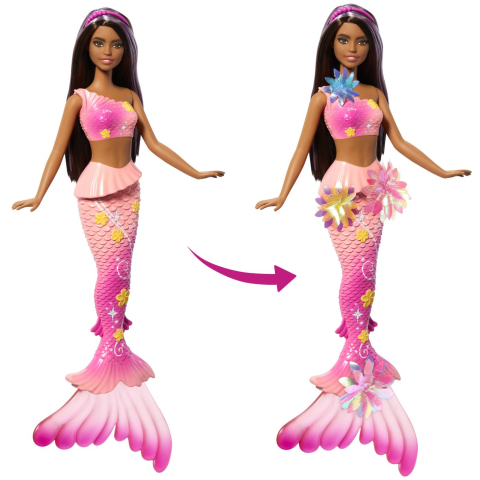 Barbie Papusa Sirena Floarea Magica Cu Par Brunet Si Coada Roz [2]