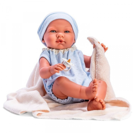 Storytelling - Asivil S.L.-Bebelus Pablo cu Costumas Albastru si Paturica Bej 43cm