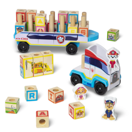 Melissa & Doug-Camion cu remorca, 28 cuburi din lemn cu litere si 3 figurine Paw Patrol, Patrula Catelusilor [3]