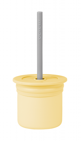 Játékok 0-12 hónaposoknak - Cana cu pai si recipient gustari Minikoioi, 100% Premium Silicone, Sip+Snack  Mellow Yellow/Powder 