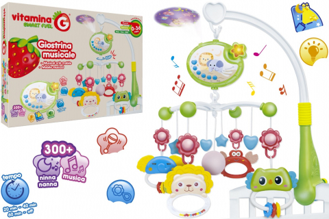 Cadouri botez - Carusel-muzical-pentru-patut-bebelusi,-Globo-Vitamina-G,-cu-proiector,-sunete-linistitoare-si-melodii,-buton-reglabil-volum,-timer-20-40-60-min,-jucarii-detasabile-zornaitoare-si-dentitie,-rotire-brat-360-grade-Globo