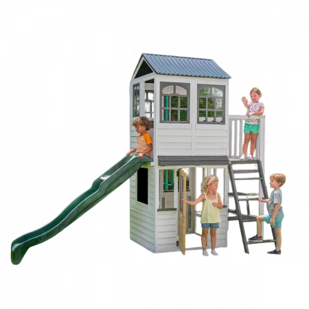 New Classic Toys - KidKraft-Complex de joaca din lemn cu tobogan, casuta etajata si balcon Woodland View