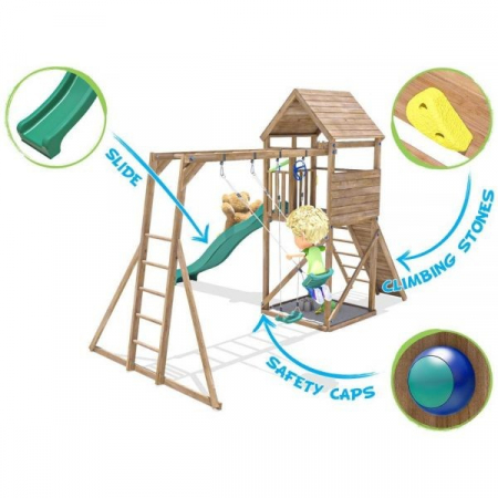 Dunster House-Complex de joaca FrontierFort Max cu Monkey Bars si 2 leagane, tobogan verde 2.9 m, Dunster House [2]