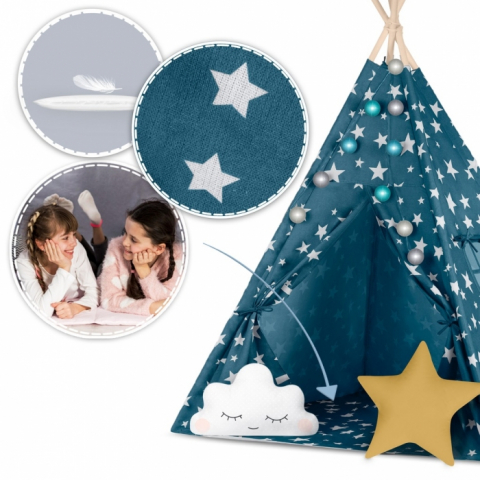 Cort de joaca pentru copii cu lumini si 2 pernite Nukido 120 x 120 x 165 cm - Bleumarin cu stelute  [2]