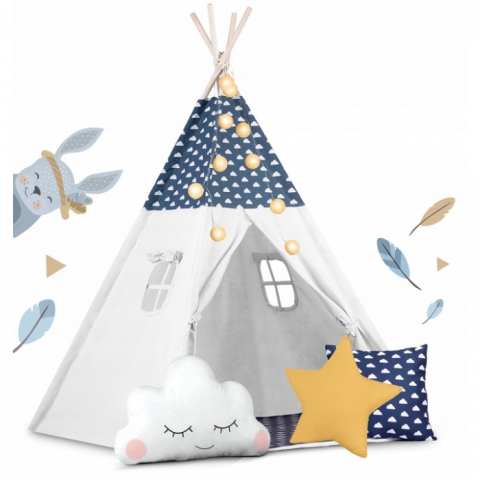 Toate produsele - Cort de joaca pentru copii cu lumini si 3 pernite Nukido 120 x 120 x 165 cm - Bleumarin