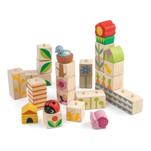 Cuburi stivuibile cu ilustratii din gradina, din lemn premium - Garden Blocks - 24 piese - Tender Leaf Toys [1]