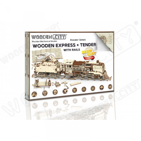 Expres cu vagon pe sine - puzzle mecanic 3D, Wooden.City [4]
