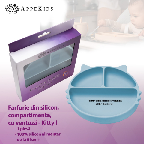 APPEKIDS-Farfurie compartimentata din silicon cu ventuza, AppeKids - Kitty - Aqua Blue [1]