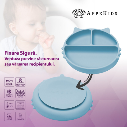 APPEKIDS-Farfurie compartimentata din silicon cu ventuza, AppeKids - Kitty - Aqua Blue [2]