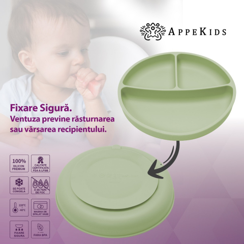 APPEKIDS-Farfurie compartimentata din silicon cu ventuza, AppeKids - Raw Green [2]