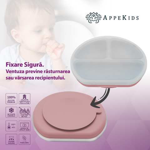 Farfurie compartimentata din silicon cu ventuza si capac, AppeKids - Old Rose [2]