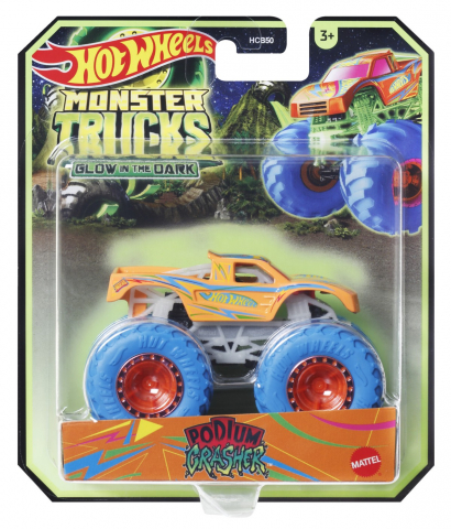 Játékok 3-5 éveseknek - Hot Wheels Monster Truck Glow In The Dark Masinuta Podium Crasher Scara 1:64