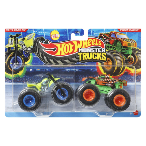 Jucarii educative - Mattel-Hot Wheels Monster Truck Set 2 Masini Tri To Crush Me Si Podium Crasher Scara 1 La 64 