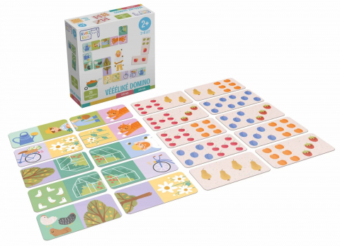Joc educational pentru copii, Domino piese mari gigant, KuKiKuk Efko,28 piese printate pe ambele fete cu fructe si obiecte gradinarit, carton gros, animatii colorate haioase, varsta 2-6 ani [1]