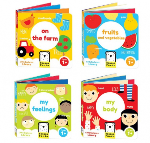 Cadouri botez - Joc-educativ-pentru-copii-si-bebelusi,-Banana-Panda,-Little-Explorers-Library,-4-carti-tip-acordeon-cu-ferma,-partile-corpului,-fructe-si-sentimente,-90-cm-lungime-BANANA-PANDA