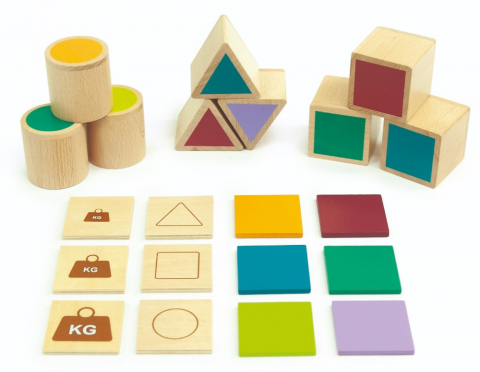 Ajándékok gyerekeknek - Joc educativ pentru copii si copii nevoi speciale didactic, Andreu Toys, Invatam despre culori, greutati, forme geometrice si atribute, din lemn, 21 piese