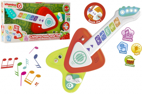 Cadouri botez - Jucarie-interactiva-si-muzicala-pentru-bebelusi,-Chitara-cu-clape-touch-multicolore,-Globo-Vitamina-G,-sunete-diverse-instrumente-muzicale,-buton-ON/OFF,-buton-redare-inregistrare,-volum-reglabil,-lumini-Globo