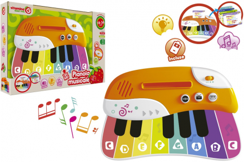 Cadouri botez - Jucarie-interactiva-si-muzicala-pentru-bebelusi,-Pian-cu-clape-multicolore,-Globo-Vitamina-G,-sunete-tobe-si-orga,-buton-ON/OFF,-buton-redare-inregistrare,-volum-reglabil,-partituri-muzicale-incluse,-13-taste-tactile-Globo