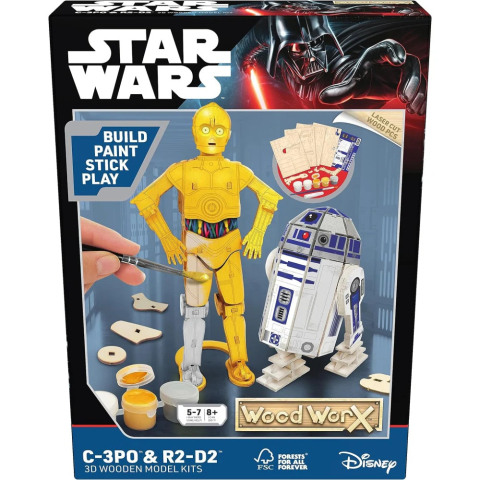 Jucarii educative - Wood WorX-Macheta de asamblat, Wood WorX - Star Wars -  C-3PO & R2D2, cu 110+ piese din lemn + vopsea, pensula si adeziv inclus